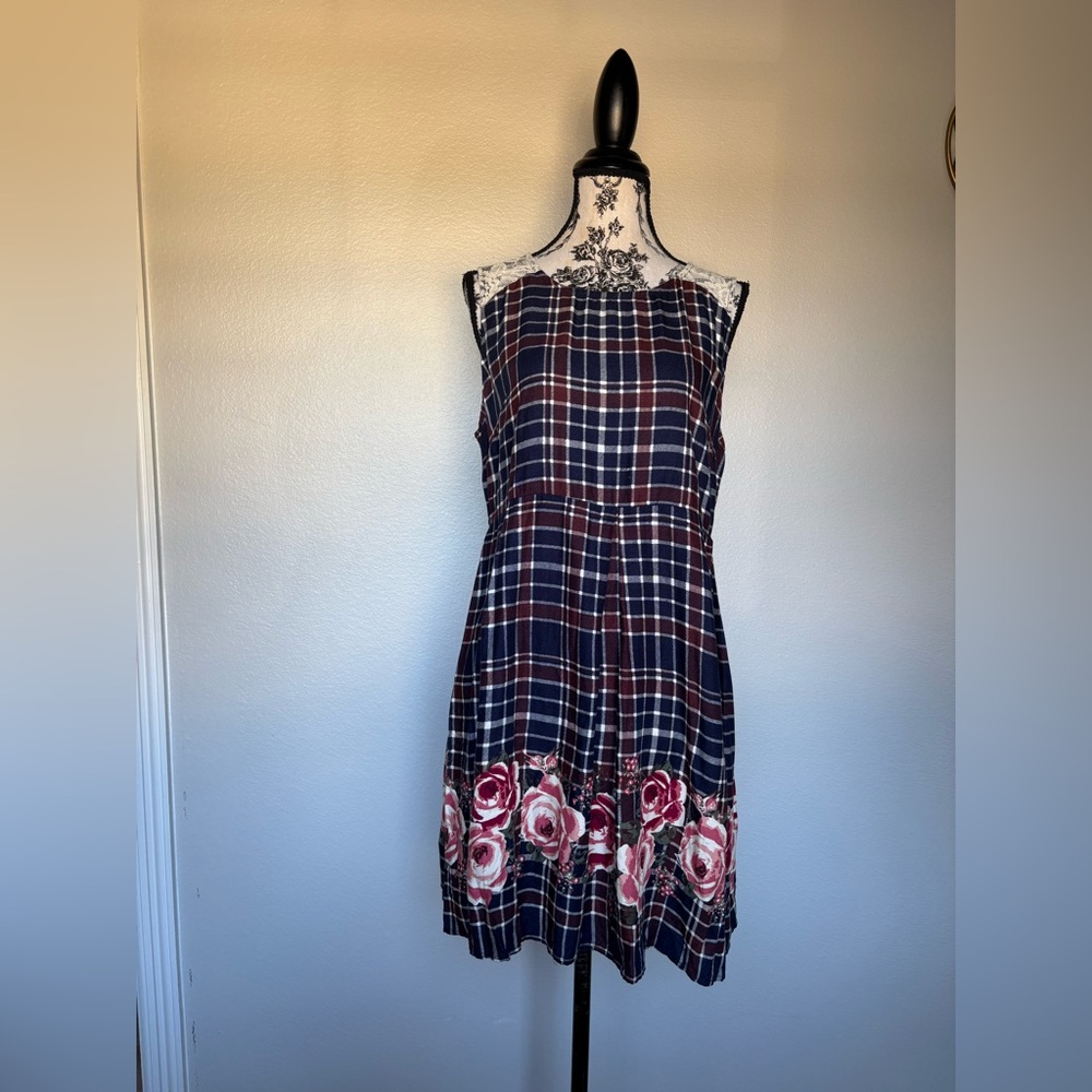 Xhilaration Navy Plaid Midi Dress with Pink Floral Design - Picture 14 of 14